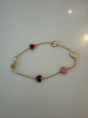 14K Gold Heart Station Bracelet with Multicolor Enamel Hearts